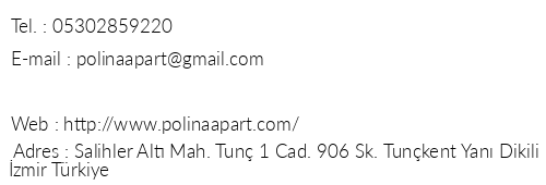 Polina Apart Otel telefon numaralar, faks, e-mail, posta adresi ve iletiim bilgileri